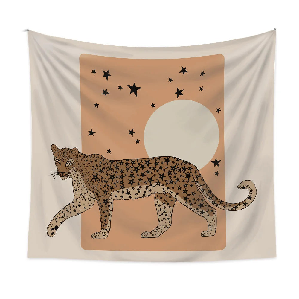 Star Leopard Moon Tapestry Boho Retro Wall Hanging Decor Polyester Fade-Resistant Indoor Outdoor Minimalist Aesthetic Banner