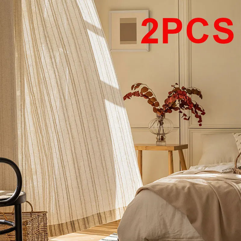 1/2 Panles Japanese Harajuku Style Striped Linen Gauze Curtains, Living Room And Bedroom Gauze Curtains