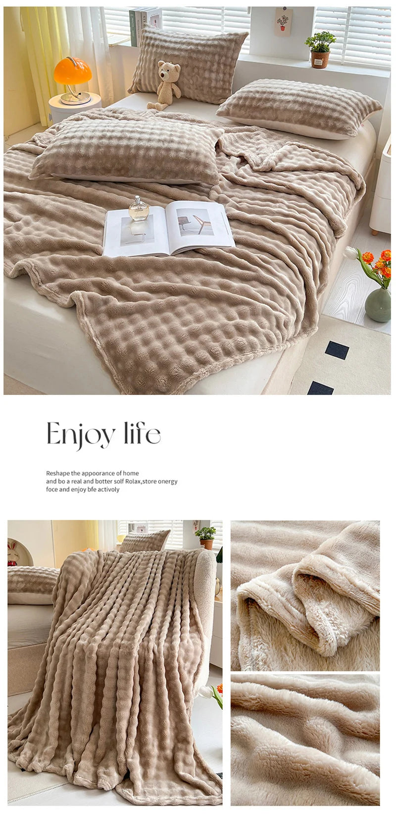 1 Pc Luxury Faux Rabbit Fur Throw Blanket Soft Warm White Striped Fluffy Blankets for Sofa Office Naps Single Double Plush Plaid