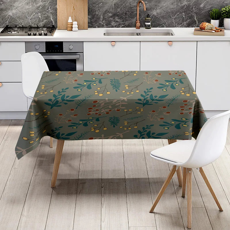 Elegant Floral Tablecloth, Green Yellow Leaves Print, Round Dining Cover 4 Seater Set for Kitchen Decoration Home Textiles on Al