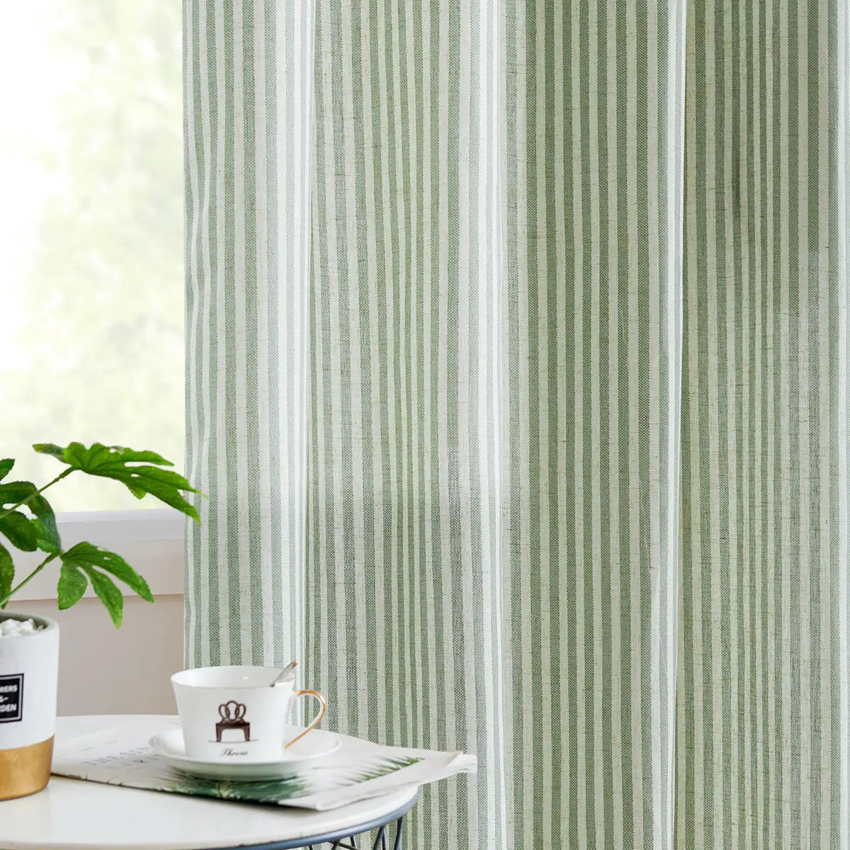 JINCHAN 2PCS Linen Curtains For Living Room Bedroom Ticking Striped Window Treatment Light Filtering Drapes Grommet Top Curtain