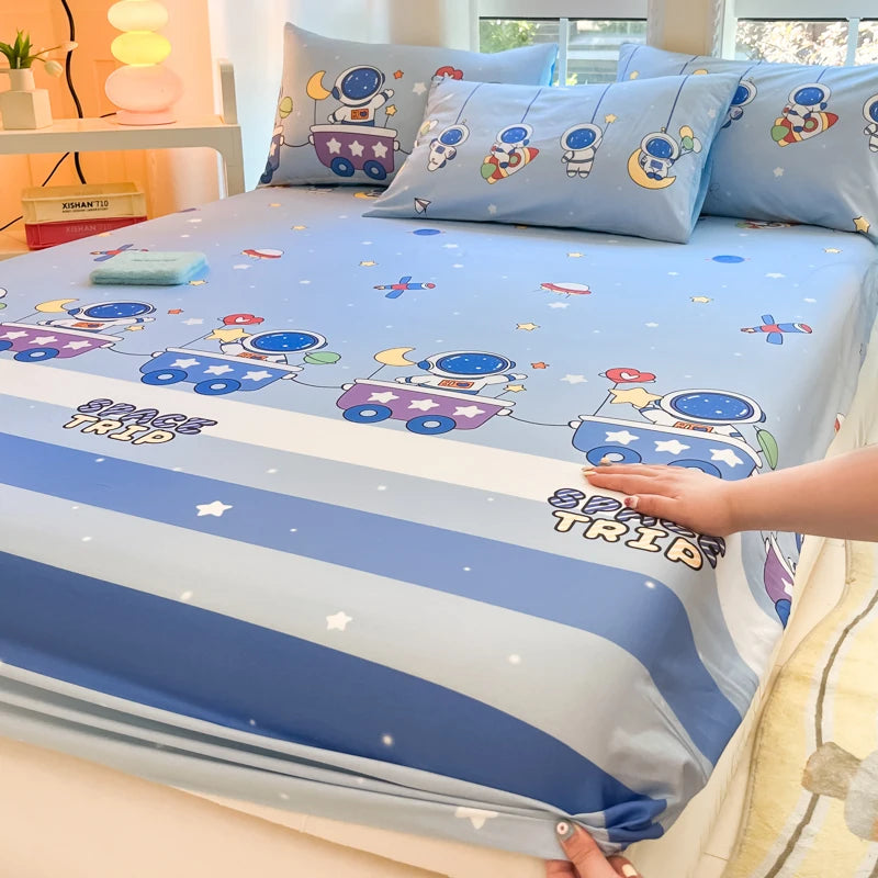 1pc 100%Cotton Bed Sheet for Kids Cartoon Style Car Printed Fitted Sheet with Elastic Band for Boys Pure Cotton Single Bed Cover