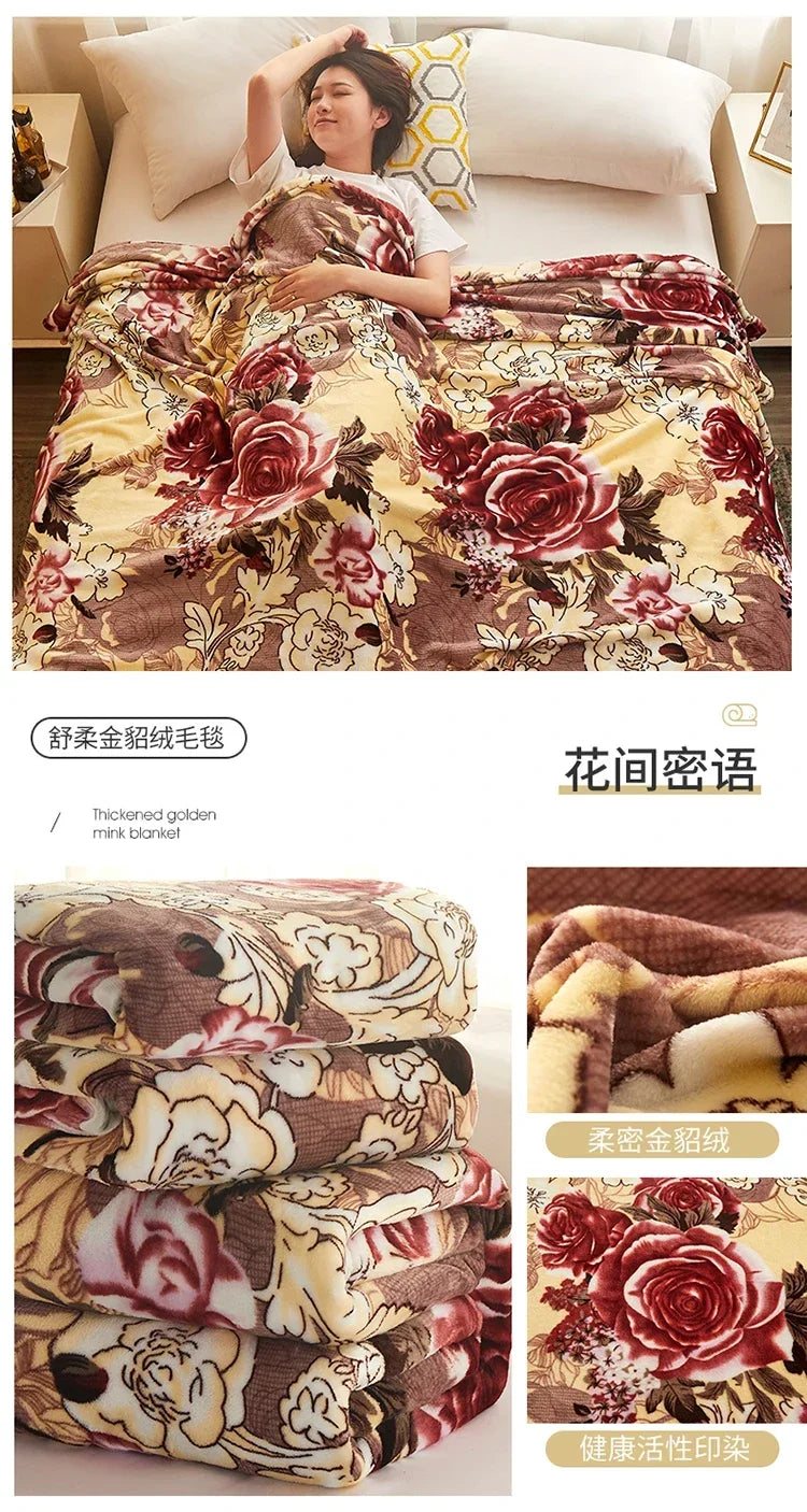 Thin Blanket for Summer Soft Coral Fleece Flannel Blanket for Beds Flower Printed Plaids for Bed Single/Queen/King Size Blanket