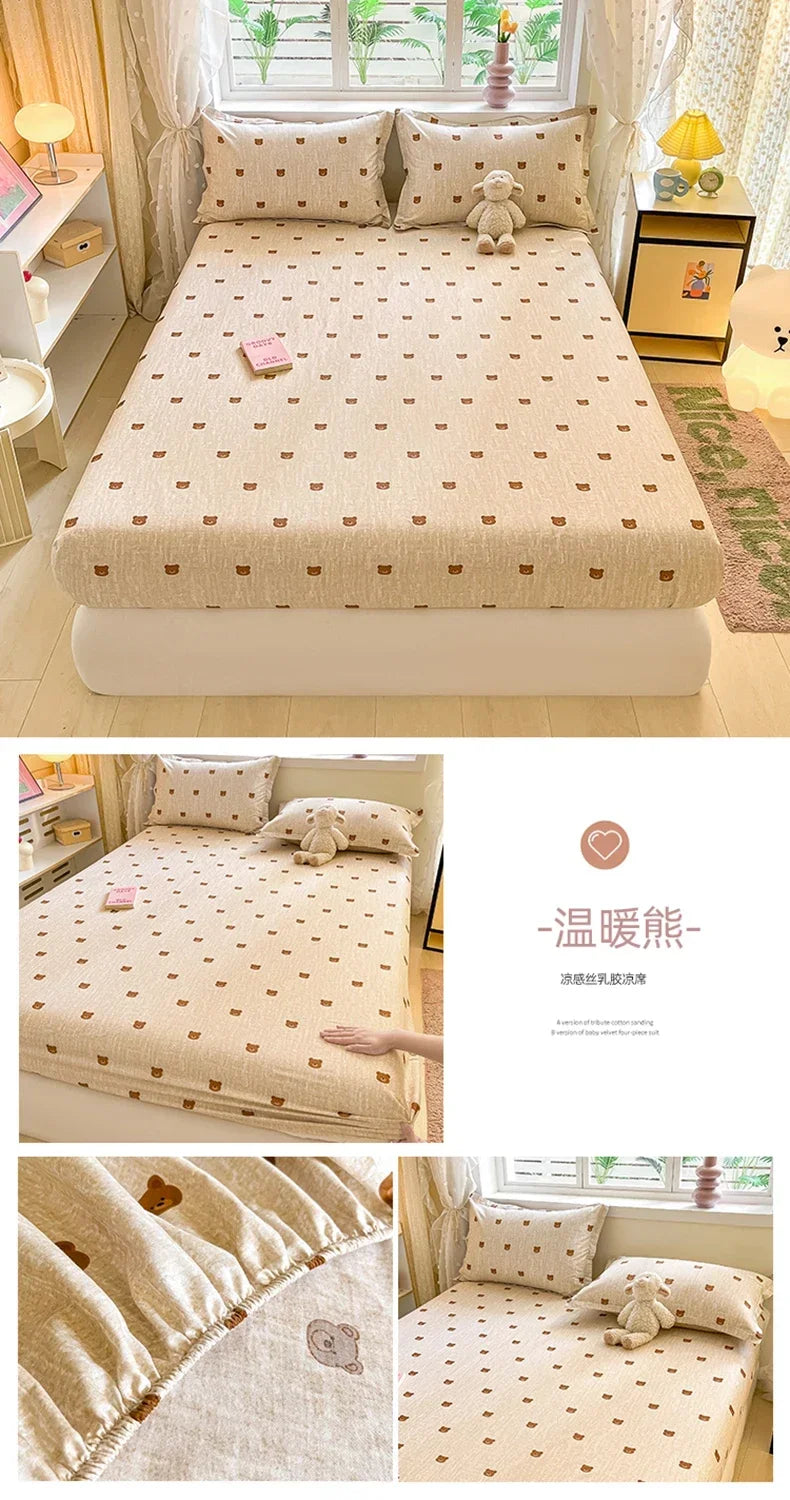 100%Cotton Bed Sheet on Elastic Cute Dinosaur Printed Mattress Cover for Kids Cartoon Pure Cotton Bed Linen (without pillowcase)