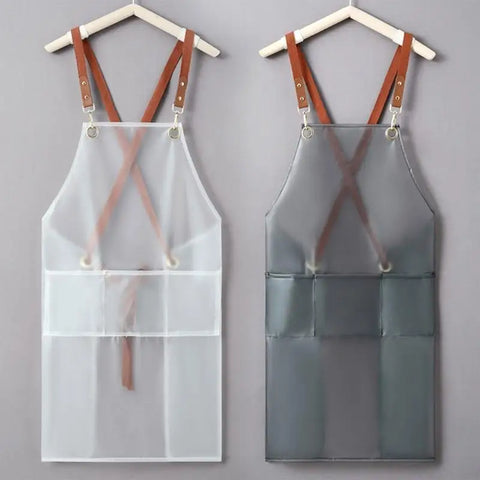 B0KC Transparent TPU Back Cooking Apron Oil-proof Overall Household Kitchen Women Work Clothes with Pocket Halter Apron
