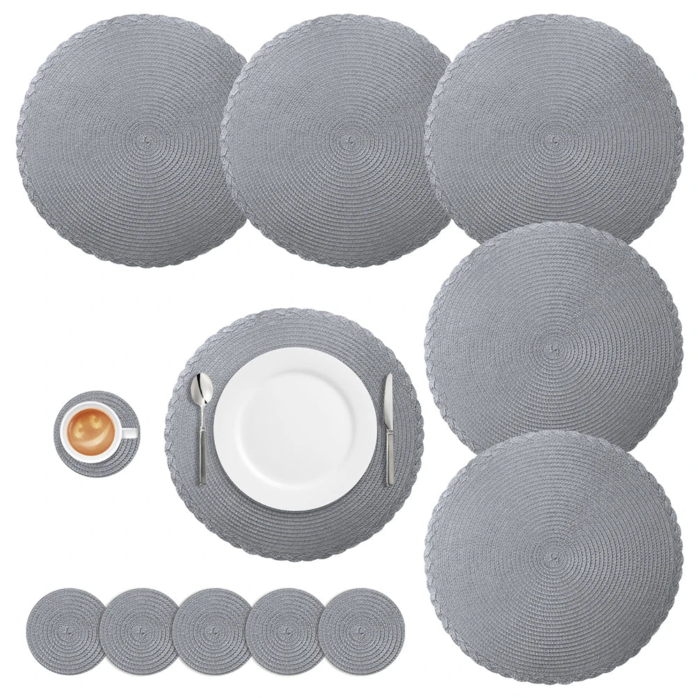 Round Braided Set of 6 Washable Round Placemats for Christmas Kitchen Wedding Dining Table 34cm Woven Heat Resistant Place Mats