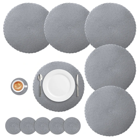 Round Braided Set of 6 Washable Round Placemats for Christmas Kitchen Wedding Dining Table 34cm Woven Heat Resistant Place Mats