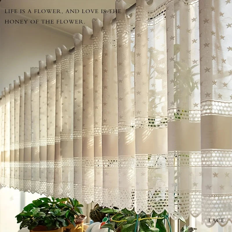 1pc Beige Lace Short Curtians For kitchen Cafe Study Room Door Half Sheer Voile Star Design Partitions Block Small Window Drapes