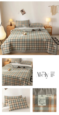 Ins Style Summer Quilt with 100% Cotton Filling Lightweight Skin-friendly Pure Cotton Quilt Plaid Style Thin Comforter Bed Duvet