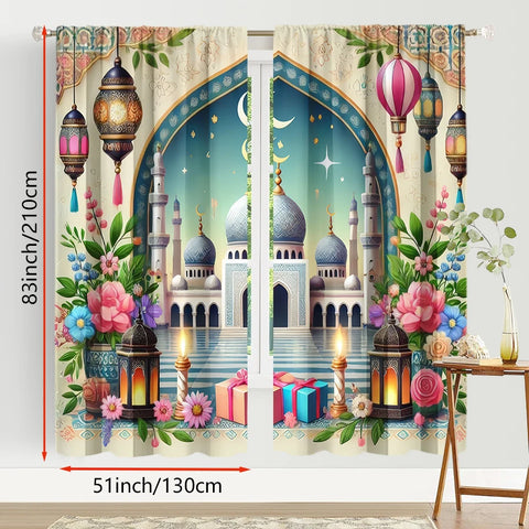 2PCS fresh painted Islamic festival curtains, healing style, bedroom and living room, decorative curtains with drawbar pockets