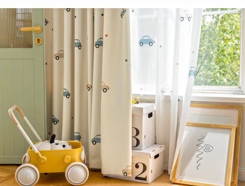 1PC Cute Cartoon Car Children's Blackout Curtains, Beige Shading Curtains For Kids Bedroom Window Decoration,  Tulle Curtains