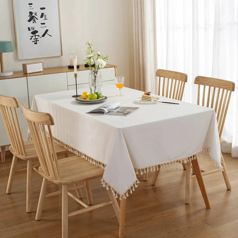 White Cotton Rectangle Tablecloth Fabric Tassel Farmhouse Washable Table Cover for Kitchen Living Room Dinning Picnic Decoration