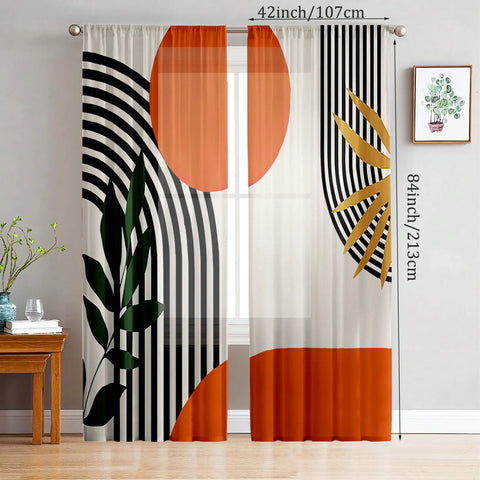 2 Pieces Boho Artistic Curtains - Modern Geometric Design With Black, Beige And Gold Accents - Semi-Sheer, Machine Washable