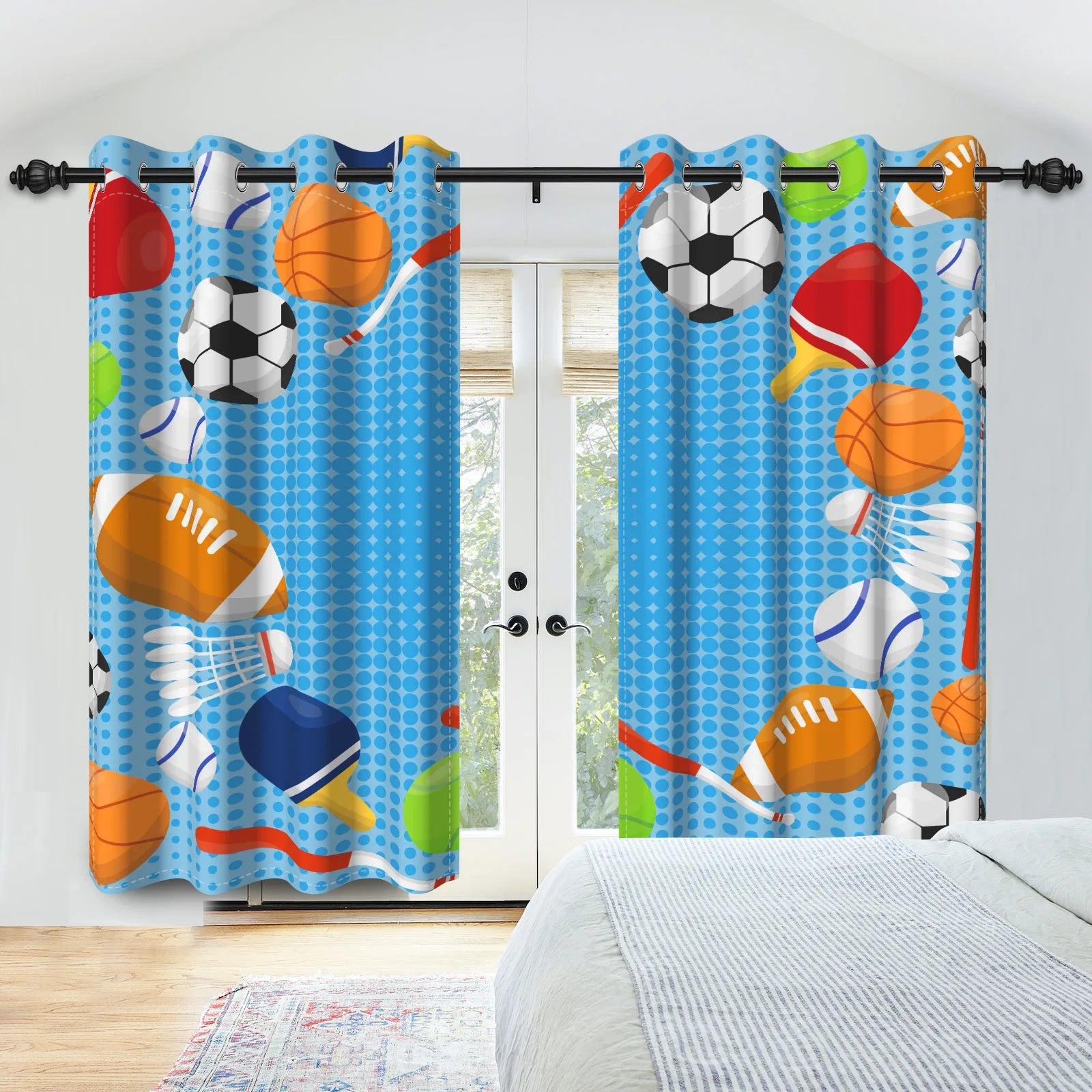 Sports Theme Kids Room Blackout Curtains Football Basketball Rugby Pattern Double Layer Curtains for Bedroom Sports Lovers Decor