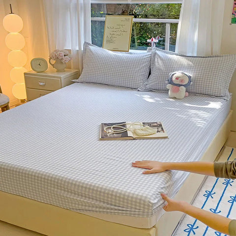 New Ultra-Thin Grid Pattern Fitted Sheet Set Washed Cotton Skin-Friendly Mattress Dust Cover Soft Breathable Household Mat