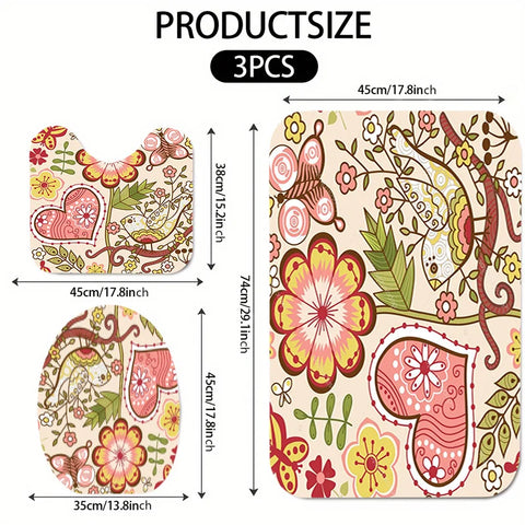 3pcs Set Floral and Heart Pattern Bath Mat Set | Polyester Bathroom Rugs with Soft Surface, Non-Slip, Spring Festival Decor, Inc