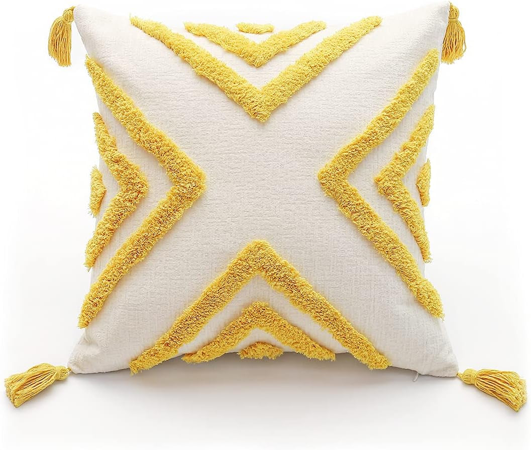 Boho Yellow Throw Pillow Cover 20X20 Inch with Tassels, Geometric Tufted Decorative Cream Chenille Fabric Accent Textured Cushion Case for Bed Couch, 1 PC Cover Only No Insert
