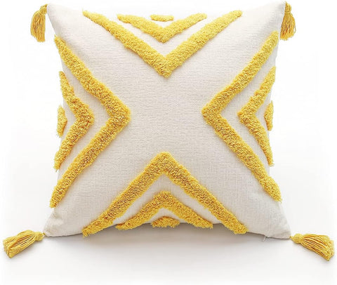 Boho Yellow Throw Pillow Cover 20X20 Inch with Tassels, Geometric Tufted Decorative Cream Chenille Fabric Accent Textured Cushion Case for Bed Couch, 1 PC Cover Only No Insert