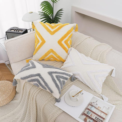 Boho Yellow Throw Pillow Cover 20X20 Inch with Tassels, Geometric Tufted Decorative Cream Chenille Fabric Accent Textured Cushion Case for Bed Couch, 1 PC Cover Only No Insert